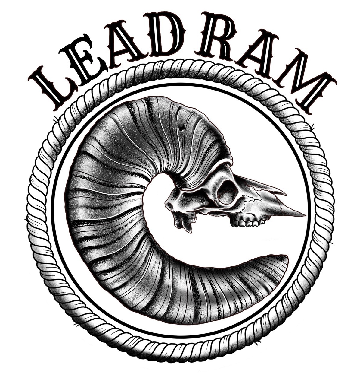 A detailed illustration of a ram skull with large curled horns inside a rope circle, with the words "LEAD RAM" above.