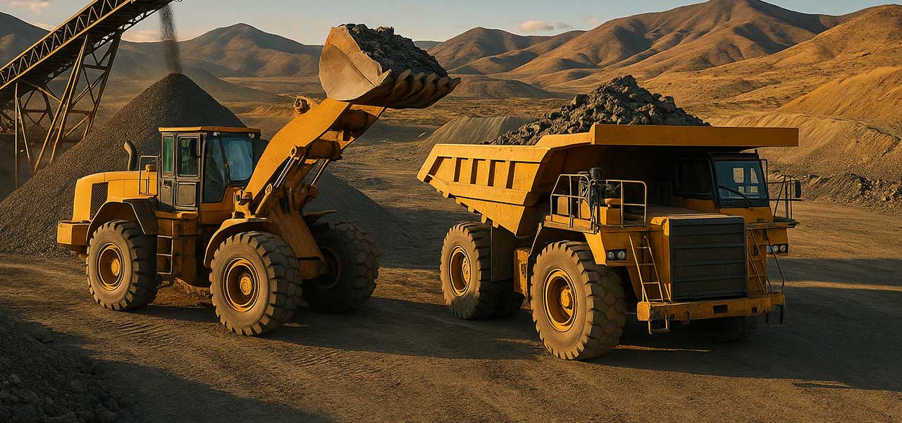 A loader deposits a pile of rocks into the bed of a large dump truck at a mining site with mountains in the background for the Northern NV SME Monthly Meeting in September.