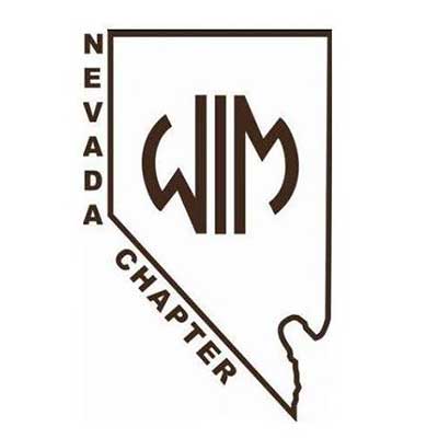 Outline of Nevada state with the letters "WIM" in the center; "NEVADA" on the left and "CHAPTER" on the bottom right, celebrating Mackay Mucker pride and Nevada’s rich mining heritage.