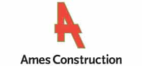 A red stylized "A" logo sits above the words "Ames Construction," highlighting this civil construction company in bold black text on a white background.