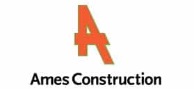 A large orange letter "A" with a horizontal extension above the words "Ames Construction" in black text on a white background.