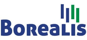 Borealis logo with blue text and four vertical bars, three blue and one green, above the letters "I" and "S.