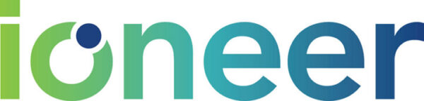 The word "ioneer" in lowercase letters, with a gradient color transition from green to blue; the "o" is stylized with a dot in its upper left.