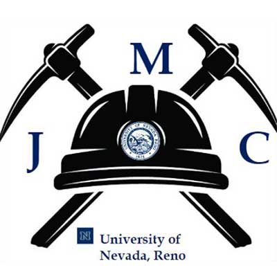 Logo featuring two crossed pickaxes and a hard hat with the University of Nevada, Reno seal and the letters J, M, and C around it. Text below reads "University of Nevada, Reno John Mackay Club.