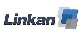 Linkan logo with black text and overlapping blue and gray squares on a white background.