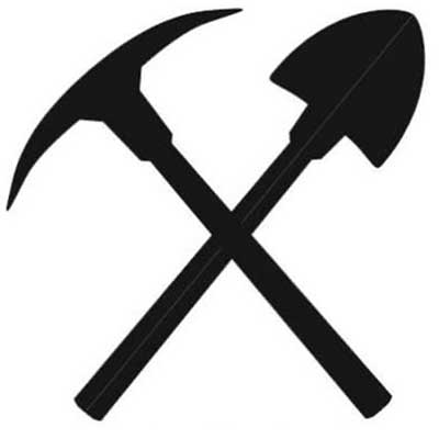 Black silhouette of a pickaxe and a shovel crossed over each other on a white background, symbolizing mining and paying tribute to the spirit of the Mackay Mucker.